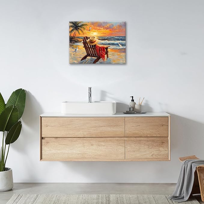 Beach Coastal Bathroom Pictures Wall Art, Seaside Ocean Bathroom Wall Decor, Sunrise Palm Framed Painting Canvas Artwork for Bedroom Living Room Decorations 20"L x 16"W-PawvioPets
