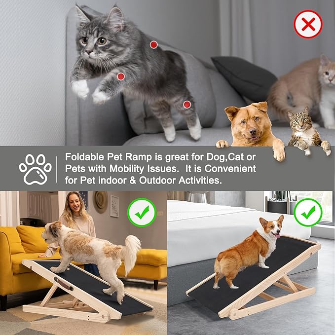 ABORON Antislip Dog Ramp, Adjustable Folding Pet Ramp for Small & Large Old Dogs & Cats, High Traction Portable Rubber Paw Ramps, Supports up to 200 lbs, Used for Bed Couch SUV, 39.3'' Long-PawvioPets
