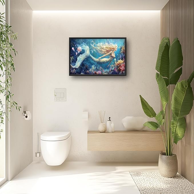 Extra Large Framed Mermaid Wall Art,Oversized Undersea Ocean Wall Decor,Colorful Coral Reefs Pictures for Living Room,Elegant Canvas Print Painting Modern Artwork Bedroom Bathroom 36L x 24W-PawvioPets