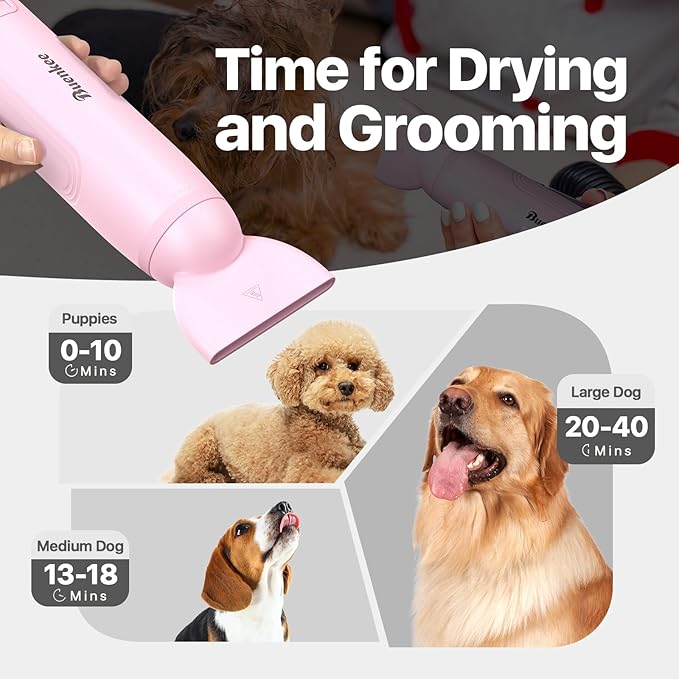 Dog Blow Dryer for Pet Grooming Handheld Lightweight Dog Cat Hair Dryer 3 Speeds 4 Temp, Portable 3HP High Velocity Pet Blower Quiet Dryer for Travel Campaign Home, with 3 Nozzles, Pink-PawvioPets