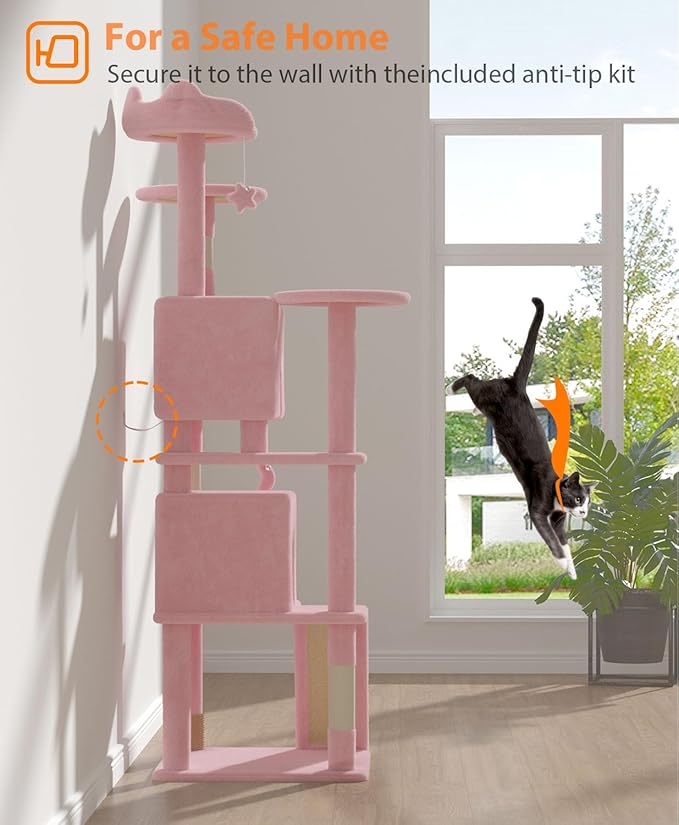 77'' Cat Tree Tower for Indoor Cats Large Adult, Cute/Tall Modern Cat Tree for Big Cats 20 lbs, Plush Multi-Level Cat Condo with Scratching Posts,Dangling Ball (Soft Pink, 77 inch)-PawvioPets