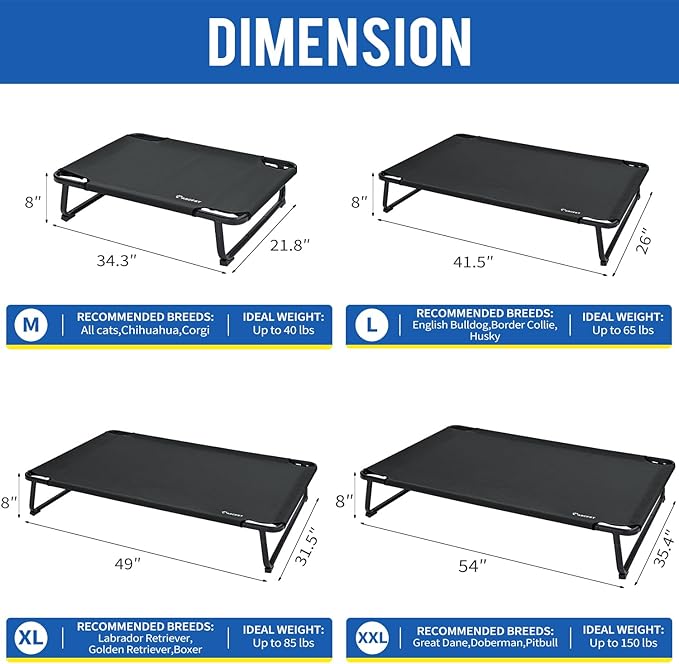 Cooling Elevated Dog Bed, Raised Outdoor Dog Bed Waterproof Pet Beds Cots Stable and Easy Assembly, Teslin Fabric with 1.2mm Thick Iron Frame, Breathable, Ultra-Sturdy,Black,32 * 25.2 * 7.1-PawvioPets