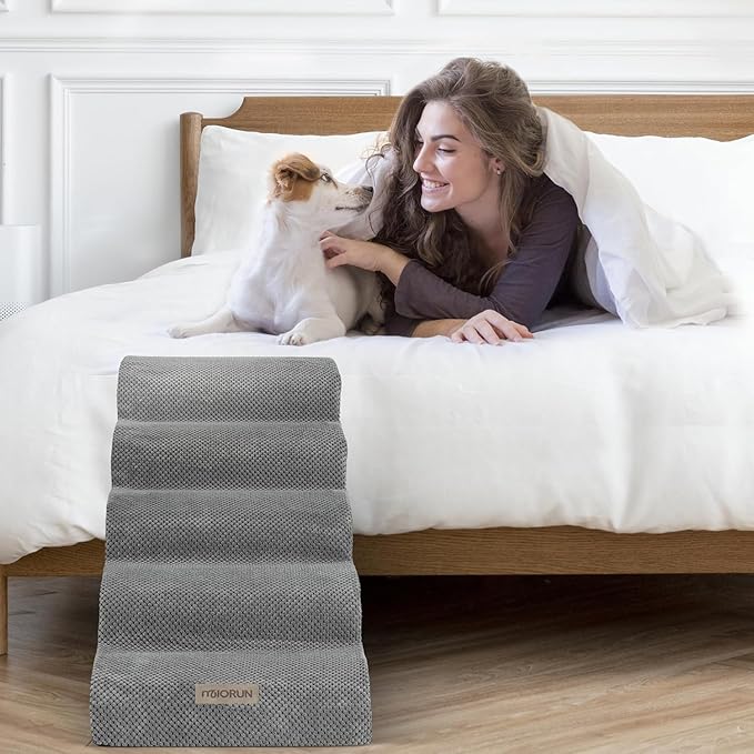 Dog Stairs for High Beds, Extra Tall 24.5" 5-Step Pet Steps for Medium & Small Dogs, Foam Ramp for Tall Couch & Bed, Washable Cover - Dog Steps for Bed-PawvioPets