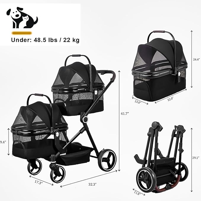 Foldable Double Pet Stroller for 2 Small Medium Cats Dogs, Lightweight Single and Double Integrated Pet Stroller with Detachable Carriers-PawvioPets
