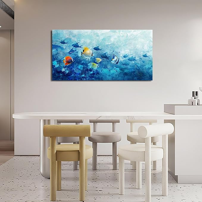 Extra Large Wall Art Tropical Fish Canvas Living Room Pictures Framed Prints Ocean Blue Oversize Wall Decor Animal Painting Artwork for Bedroom Dining Office Home 60"x30"-PawvioPets