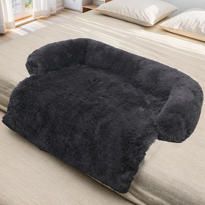 Calming Dog Bed Fluffy Plush Dog Mat for Furniture Protector with Removable Washable Cover for Large Medium Small Dogs and Cats (Large(45x37x6), Dark Grey)-PawvioPets