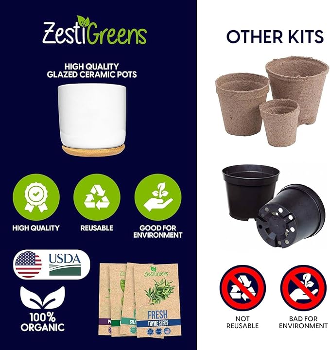 Deluxe Ceramic Indoor Herb Kit 4 Set. Variety Herbs for Indoor & Outdoor – Get Growing with Pots, Potting Soil for Window Herb Garden. (Ceramic Edition)-PawvioPets