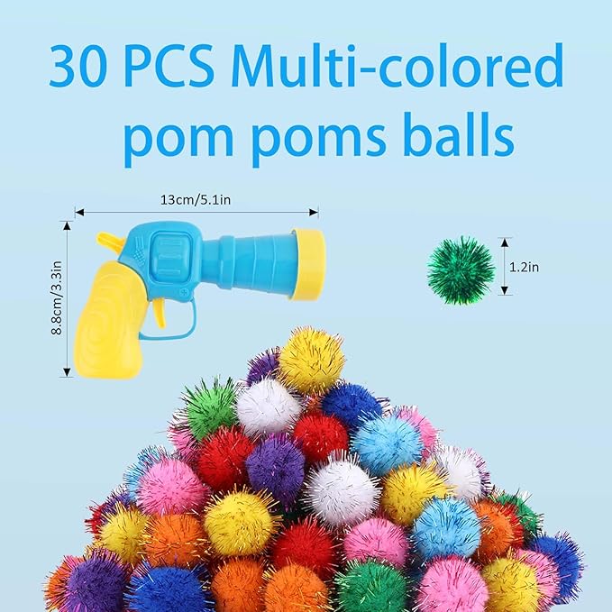102Pcs Cat Toy Gun Launcher - 100 Sparkle Pom Pom Balls and 2 Ball Launchers, Interactive Fetch Toy Shooter for Indoor Cats and Kitty-PawvioPets
