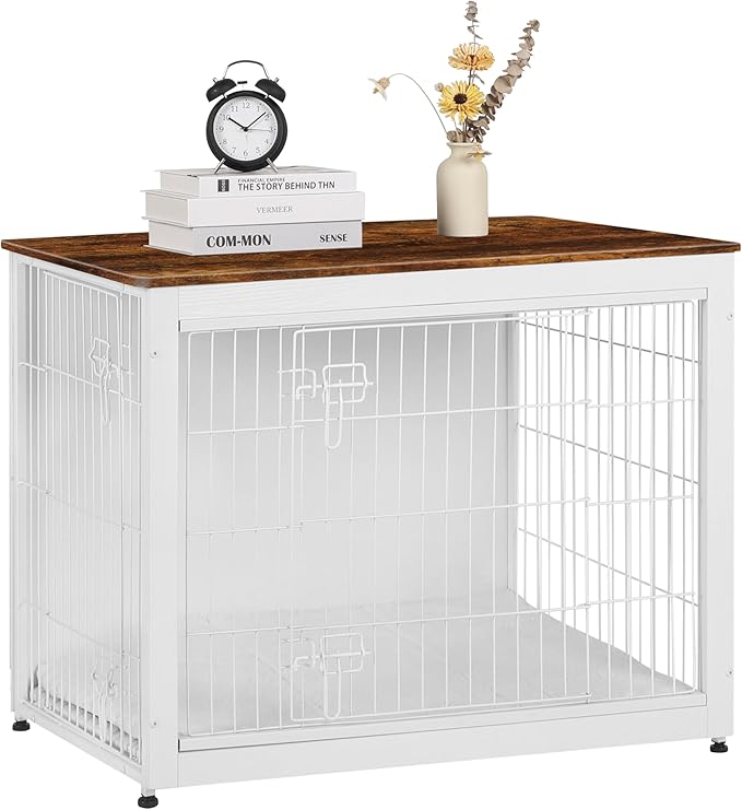 DWANTON Dog Crate Furniture with Cushion, Wooden Kennel Table with Double Doors, Indoor Dog House, Large Size, 38.5" L, White+Rustic Brown-PawvioPets