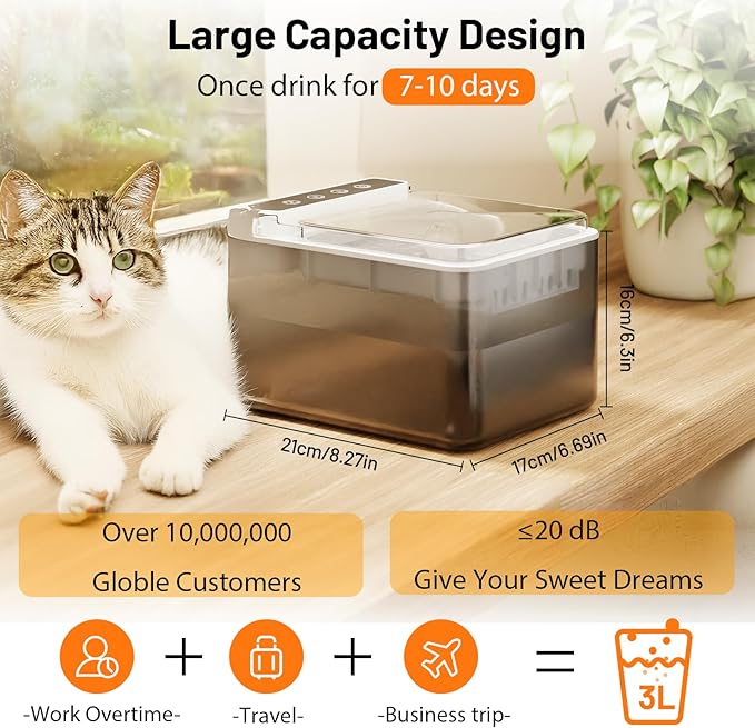 Cat Water Fountain Pet Water Dispenser Automatic Kitty Spout Flip Lid Water Fountain 106oz/3L Cordless Battery Operated for Small Dogs for Drinking Indoor with Motion Sensor Quiet Water Pump-PawvioPets