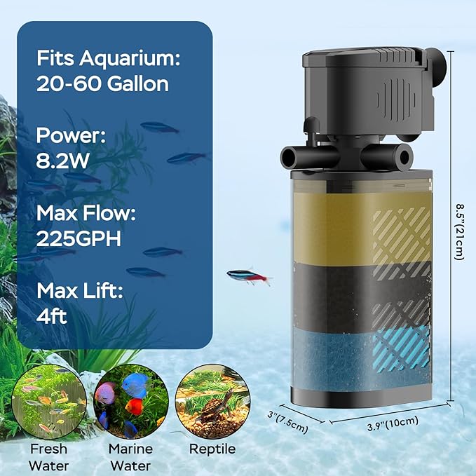 Aquarium Filter for 20-60 Gallon Tanks, Internal Fish Tank Filter, Powerful Submersible Pumps Fish Filter, Turtle Tank Filter, with Dual Water Outlet & Aeration-PawvioPets
