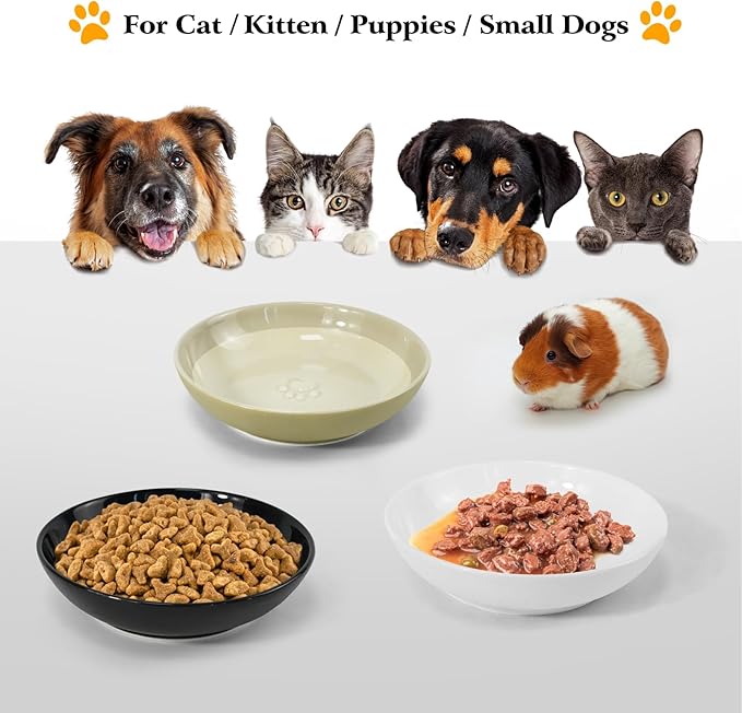3PCS Cat Food Bowl,Ceramic Cat Dish for Indoor Cats,Wide Shallow Cat Bowls for Dry and Wet Food,Anti Whisker Fatigue Cat Plates for Kitten Cats or Dogs-PawvioPets