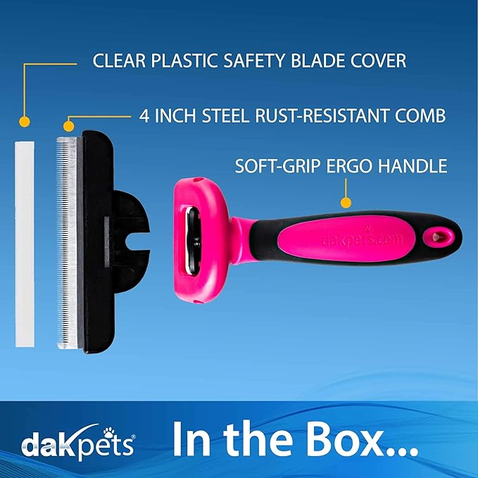 DakPets Stainless Steel Pet Deshedding Tool - Grooming Brush for Cats and Dogs, Removes Trapped Hair, Reduces Shedding by Up to 95%, All Hair Types, Includes Protective Blade Cover, Pink, 4 inches-PawvioPets