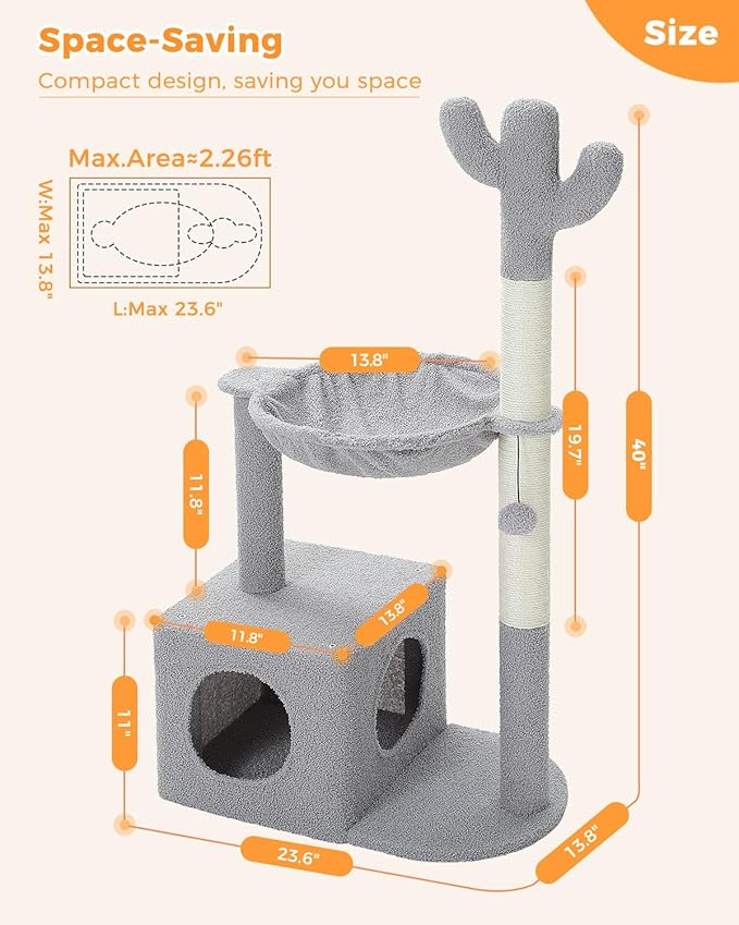 Cactus Cat Tree Cat Scratching Post 40" Cat Tower with Large Metal Carpet Hammock, Cat Scratching Post for Indoor Cats with Condo& Dangling Ball, Grey-PawvioPets