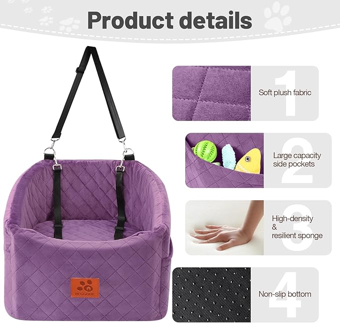 Dog Car Seat for Small Medium Dogs, Memory Foam Pet Booster Seat for Dogs up to 35 lbs, Elevated Dog Carseat, Travel Safety Bed with Washable Removable Cover and Storage Pockets (Purple)-PawvioPets