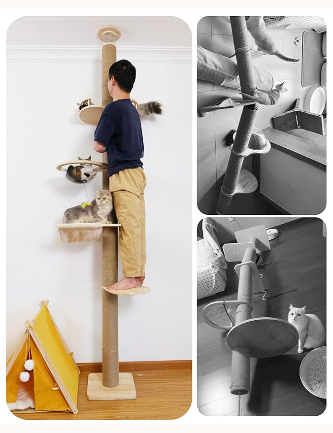 Floor-to-Ceiling Cat Tree with Natural Sisal Rope Scratching Post - Adjustable Height (55-119 Inches) - Modern Cat Activity Tree, Cat Scratcher Post-PawvioPets