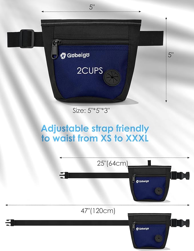 Gobeigo Dog Treat Pouch and Training Clicker, Upgrade Two Magnetic Closure to Prevent Spills, 2 Cup Treat Bag with Poop Bag Dispenser, Metal Clip Waist Belt Fanny Pack for Pet Walk (Black/Blue)-PawvioPets