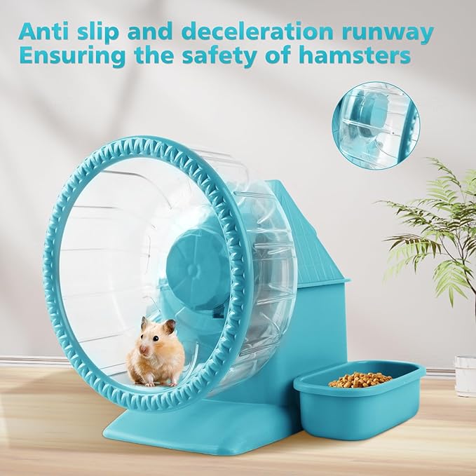 4 in 1 Silent Large Hamster Wheel Multifunctional Hamster Running Wheel Quite Running Spinner Wheel Accessories with Food Bowl Water Bottle for Hamsters Dwarf Gerbil (Blue)-PawvioPets