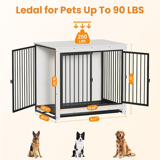 Dog Crate Furniture, Large Dog Crate Furniture, Wooden Cage Kennel Furniture Indoor, Modern Dog Crate with Multi-Purpose Removable Tray, Double-Doors Dog Furniture, End table dog crate, White-PawvioPets