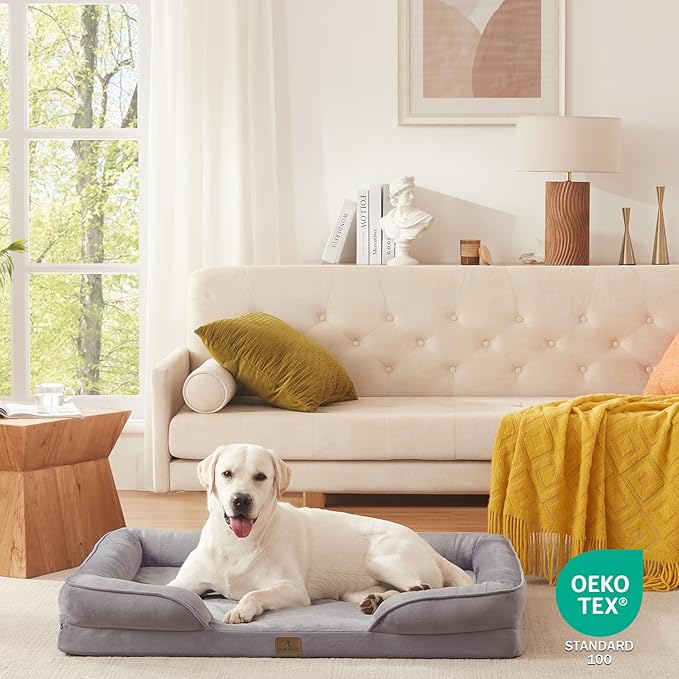 Bedfolks Orthopedic Dog Bed XL, Waterproof Dog Sofa Bed for Extra Large Dogs, Egg Foam Pet Couch Bed with Removable Washable Cover and Nonslip Bottom, Light Grey-PawvioPets