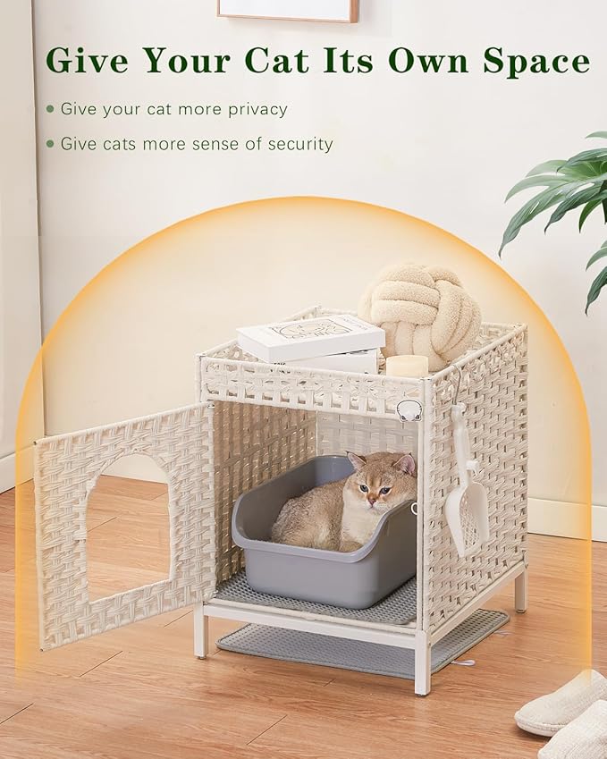Cat Litter Box Enclosure Hidden Litter Box Furniture with Metal Heightened Feet, Rattan Handwoven Cat House with Litter Mat, Hidden Litter Box Furniture for Bedroom Living Room White-PawvioPets