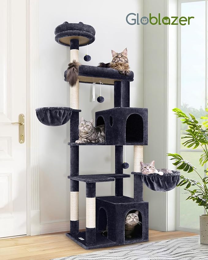Globlazer Heavy Duty Cat Tree Tower, 73in Tall Cat Tree for Indoor Cats Large Adult, Cat Condo for Large Cats with 5 Scratching Posts, 2 Cat Caves, 2 Padded Perches, 2 Hanging Baskets, F73, Dark Gray-PawvioPets