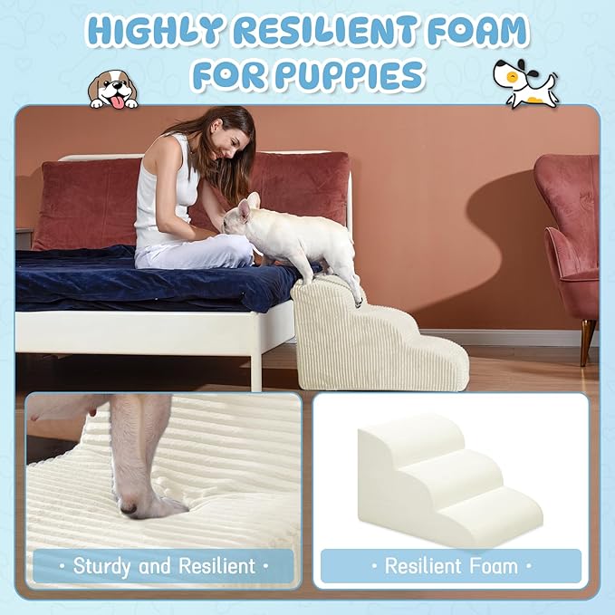 Dog Steps for Small Dogs, 3-Step Pet Ramp Stairs for High Beds and Sofa, Non-Slip Pet Stairs for Small Dogs and Cats, Removable and Easy to Clean Cover, Beige-PawvioPets