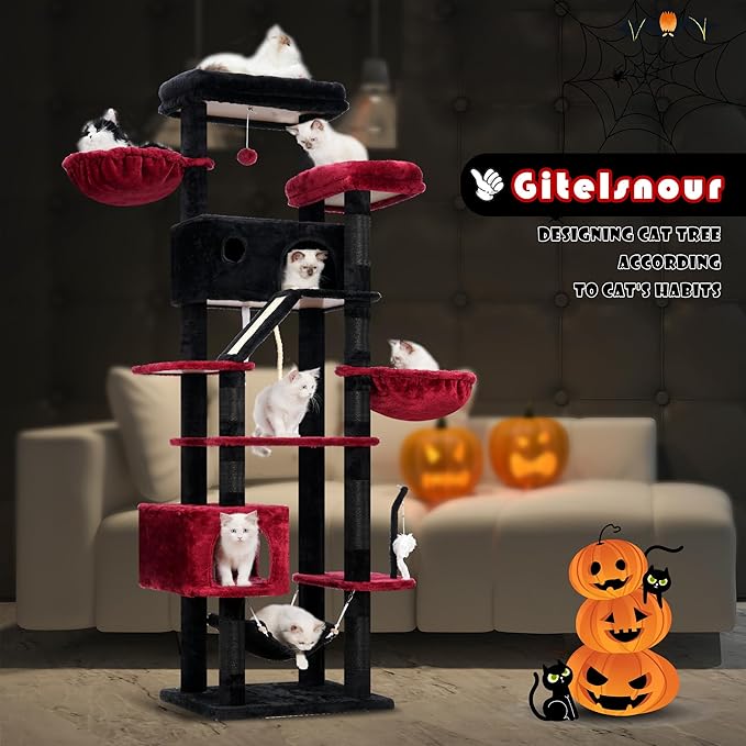 Gothic Cat Tree for Large Cats, 78.7"(200cm) Tall Cat Tower for Indoor Cats Multiple Cats with Large Top Perch, Cat Condo, Cat Hammcok, Cat Scratching Post, Black and Red GCT031BR-PawvioPets