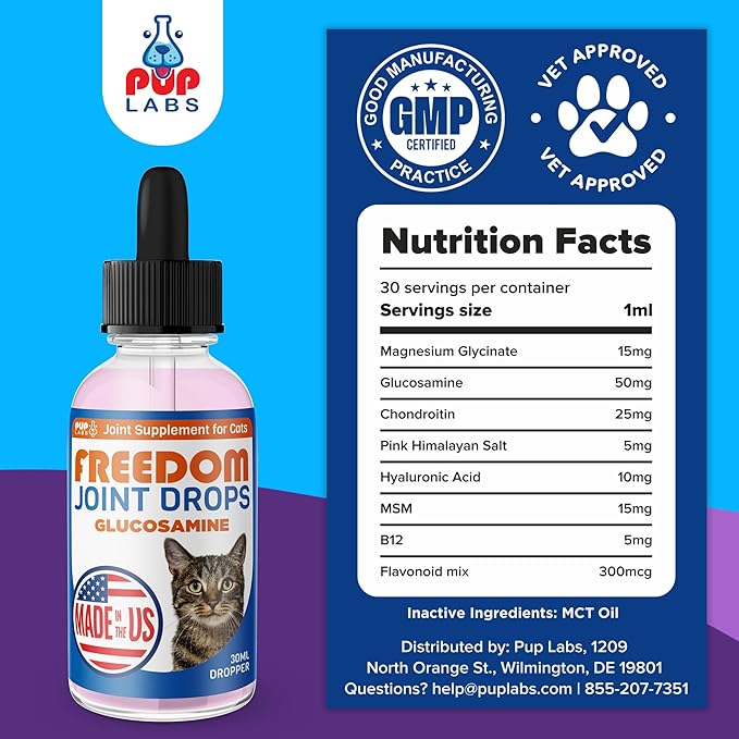 Freedom Joint Drops for Cats with Hyaluronic Acid, MSM, Glucosamine, & Chondroitin, All Natural Cat Joint Supplement for Mobility, Powerful Glucosamine for Cats, Cat Pain Relief, 30ml Dropper-PawvioPets