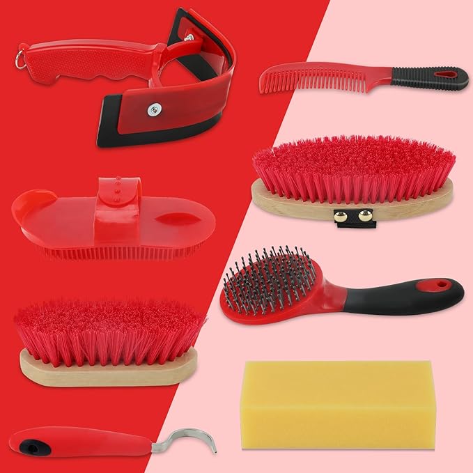9 Pieces Grooming Kit with Tote Bag - Brush Set, Sweat Scraper, Sponge, Hoof Pick, Curry Comb for Horse Riders and Beginners (Red)-PawvioPets