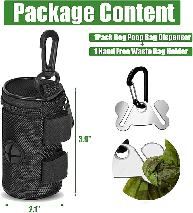 Dog Poop Bag Holder for Leash Attachment - Waste Bag Dispenser for Leash - Fits Any Dog Leash - Portable Set with Hand Free Holder Metal Carrier, Black Round Shape-PawvioPets