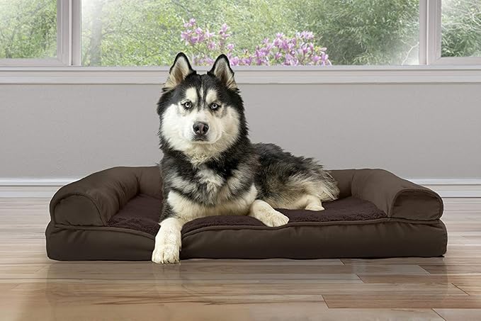 Furhaven Cooling Gel Dog Bed for Large Dogs w/ Removable Bolsters & Washable Cover, For Dogs Up to 95 lbs - Plush & Suede Sofa - Espresso, Jumbo/XL-PawvioPets