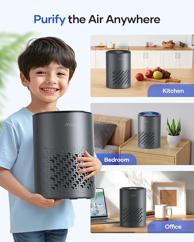 Air Purifiers for Bedroom Home, MOOKA HEPA Air Purifier for Home Pets with Fragrance Sponge for Smoke Dust Pollen Dander Odor, Small Air Purifier with Sleep Mode Night Light Timer, KJ067L, Grey-PawvioPets