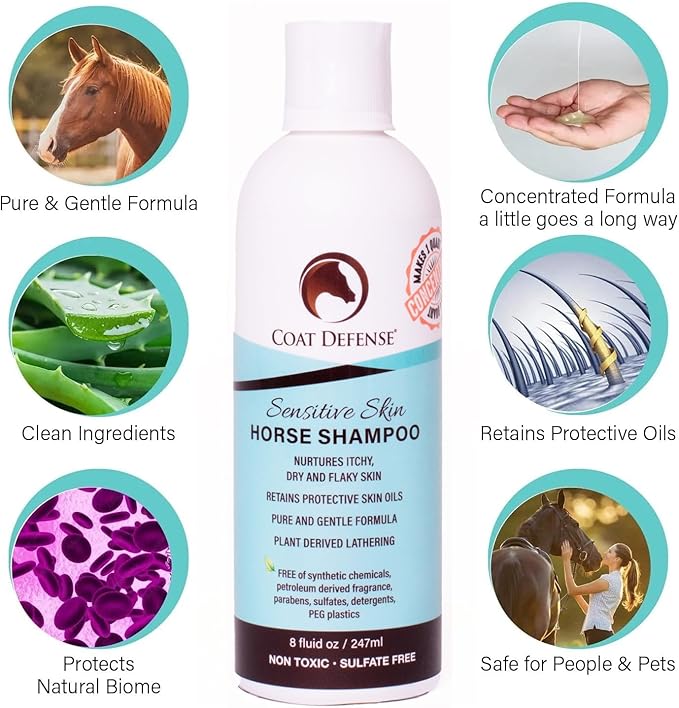 COAT DEFENSE Sensitive Skin Shampoo for Horses | All-Natural & Made in USA | Hypoallergenic Aloe Based - Soothes and Relieves Itchy, Dry and Inflamed Skin | Safe for Everyone | 8oz. Concentrated-PawvioPets