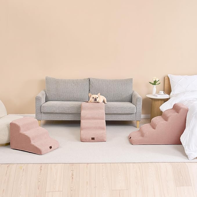 EHEYCIGA Curved Dog Stairs Ramp for High Beds 19.7" H, 4-Step Dog Steps for Small Dogs and Cats, Pet Stairs for High Bed Climbing, Non-Slip Balanced Pet Step Indoor, Dusty Pink-PawvioPets
