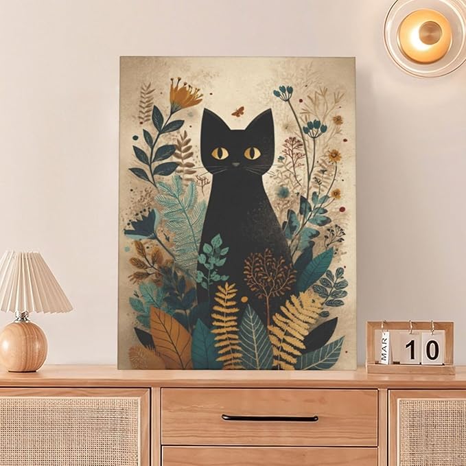 Boho Black Cat Wall Art Kitten Botanical Wall Decor Mid Century Modern Canvas Painting Print Minimalist Pictures Artwork Framed Decorations Gifts for Cat Lover Bathroom Nursery Living Room Bedroom Kitchen 12"x16"-PawvioPets