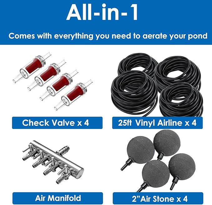 AquaMiracle All-in-One Koi Pond Aerator for Outdoor Ponds up to 3000 Gallons, Pond Air Pump Pond Aeration System with 4-Outlet Manifold Airline Tubing Air Stones Check Valves-PawvioPets