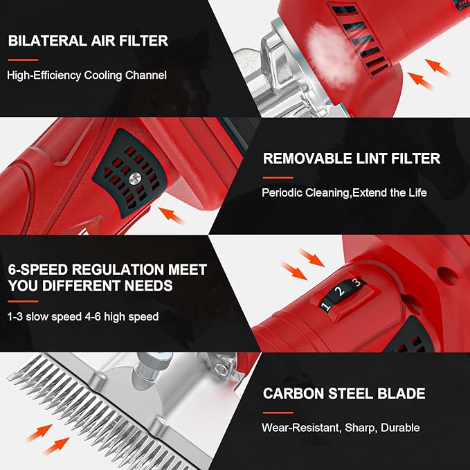 Cordless Horse Clippers,500W Heavy Duty Horse Grooming Clippers with 2 PCS Rechargeable 3000mAH Lithium Battery,6 Speed Professional Horse Grooming Kit for Thick Coat Animals-PawvioPets