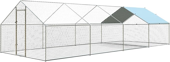 4ever2buy Large Metal Chicken Coop with Run Walk-in Poultry Cage Chicken Runs House Pen Cage Spire Roofed Chicken Coops with Anti-Ultraviolet Cover for Outdoor Backyard Farm Use 9.5’Lx24.9’Wx6.4’H-PawvioPets