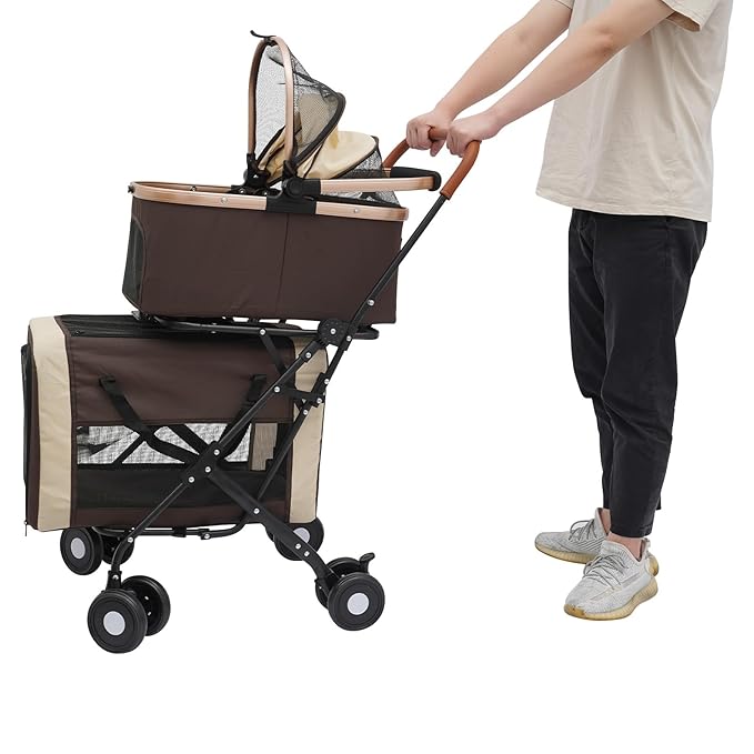 Double Pet Stroller for Dogs and Cats, Foldable Dog Stroller Travel Carriage with Detachable Carriers, Safety Belts, and 4 Lockable Wheels for Small to Medium Pets (Coffee Color)-PawvioPets