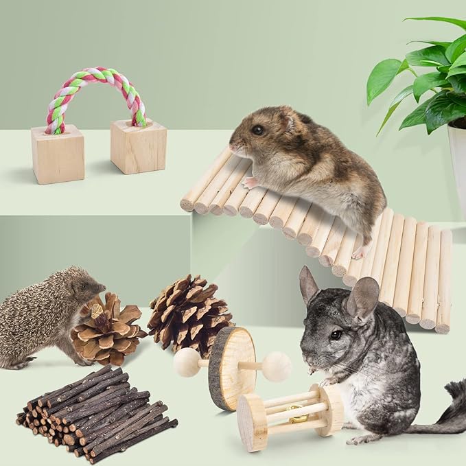 ERKOON New 12 Pack Hamster Chew Toys Gerbil Rat Guinea Pig Chinchilla Chew Toys Accessories, Natural Wooden Dumbbells Exercise Bell Roller Teeth Care Molar Toy for Rabbits Bird Rabbits Hamster Gerbil-PawvioPets