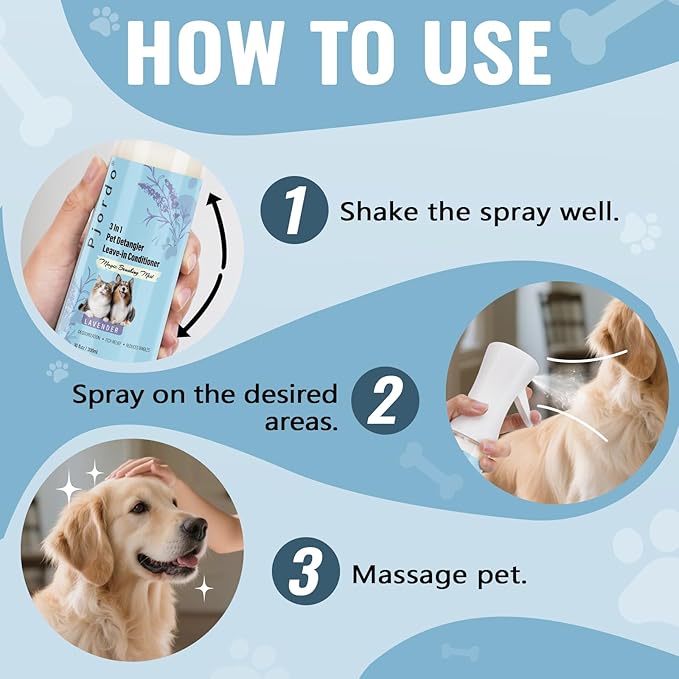 Dog Detangler Grooming Spray 10 Fl Oz, Leave in Pet Conditioner for Hair Dematting, Dry Skin & Pet Fur Shedding, Deodorization & Itch Relief & Reduces Tangles, Suitable for All Coat Types-PawvioPets