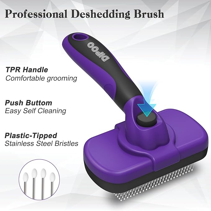 Self Cleaning Cat & Dog Grooming Brush - Skin Friendly Deshedding Hair Brush for Haired Dogs & Puppies, Purple-PawvioPets