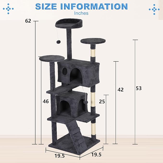 FDW Cat Tree Tower 62in Multi-Level Durable Cat Scratching Post & Cozy Fun Jumping Platform Space Saving Condo Pet Play House for Indoor Cats,Dark Gray-PawvioPets