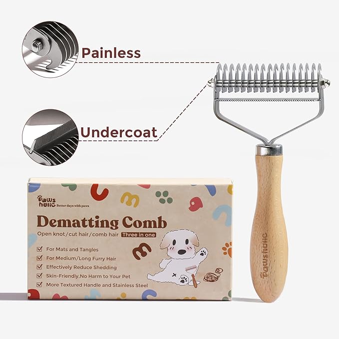 3-in-1 Professional Pet Shedding Dematting Comb - Deshedding Undercoat Rake for Dogs with Stainless Steel Blades Metal Pet Brush with Wood Handle Matted Hair Detangling Thinning and Shedding-PawvioPets