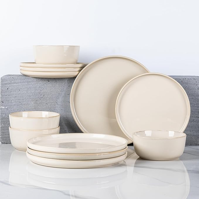 GBHOME Ceramic Dinnerware Sets for 4, 12 Pieces Stoneware Plates and Bowls Sets, Scratch Resistant Dishes, Dishwasher & Microwave Safe, Reactive Glaze-Vanilla color-PawvioPets