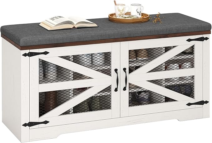 Farmhouse Storage Bench with Cushion, Metal and Wood Shoe Rack Organizer, Adjustable Shelf, Shoe Cabinet with Half Hidden Storage Space, for Entryway, Bedroom, Living Room (Old White, 43.3in)-PawvioPets