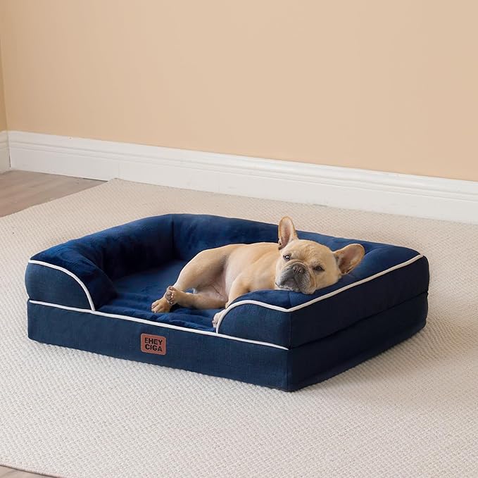 EHEYCIGA Orthopedic Dog Bed for Small Dogs, Waterproof Memory Foam Small Dog Beds with Sides, Non-Slip Bottom and Egg-Crate Foam Medium Pet Couch Bed with Washable Removable Cover, Navy-PawvioPets