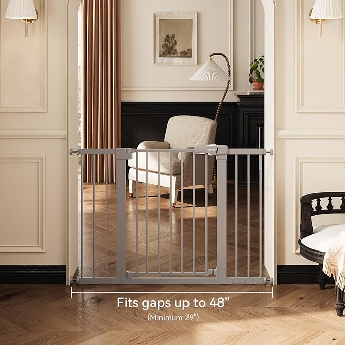 Babelio Metal Baby/Pet Gate, 29-48'' Auto Close Easy Install, Extra Wide Walk Thru for Child Safety, Pressure Mounted Dog Door for Doorways & Stairs, with Y Spindle Rods, Grey-PawvioPets