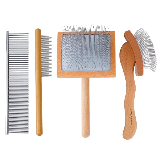 Ergonomic Slicker Brush for Long-Haired Dogs - Wooden Handle, Long Pins for Grooming Goldendoodles-PawvioPets